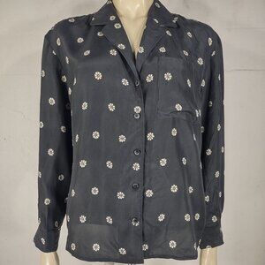 Madewell black white floral 100% Silk long sleeve button front blouse Medium